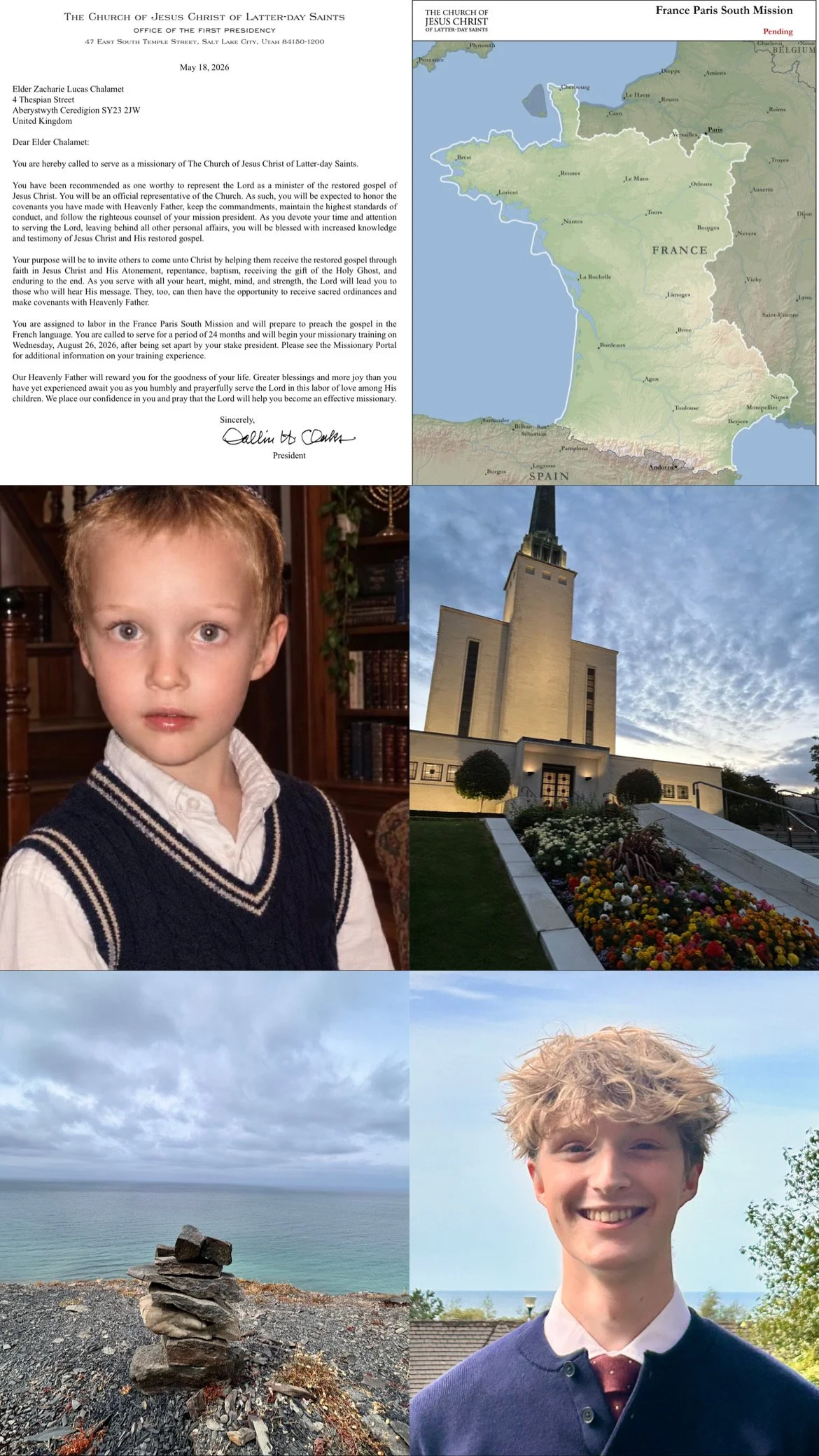 A collage of six images, including a letter on church letterhead, a map of France, a young boy with red hair, a church with flowers, a coastal landscape with rocks and water, and a smiling young man with curly hair.